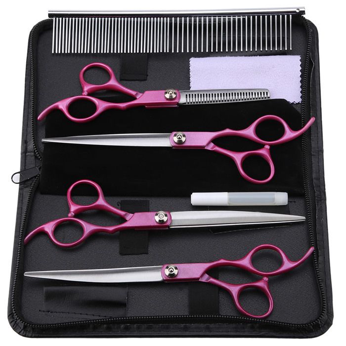 Ensemble de 4 ciseaux professionnels de 7 pouces avec manche rouge rose pour toilettage et coiffure des animaux de compagnie