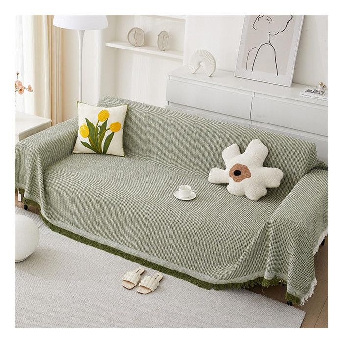 XJYDNCG Housse de Canapé 2 Places 180*300CM Serviette De Canapé Jete de Canape Polyvalente avec Décoratifs Glands -VERT