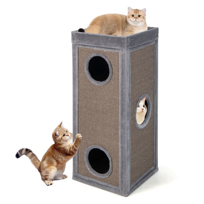 Comparer les prix de Arbre à Chat Multi-Niveaux 99 cm COSTWAY Poteaux à Griffer 3 Cachettes Perchoir 4 Coussins en Peluche Retirés Forme de Tonneau