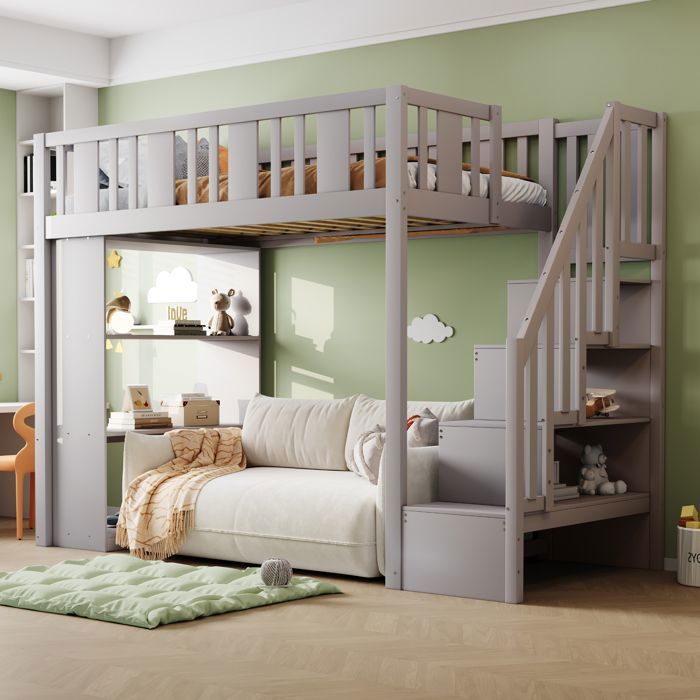Lit mezzanine enfant 90x200 cm - Bois - Échelle de rangement - 120 kg - 3 compartiments de rangement