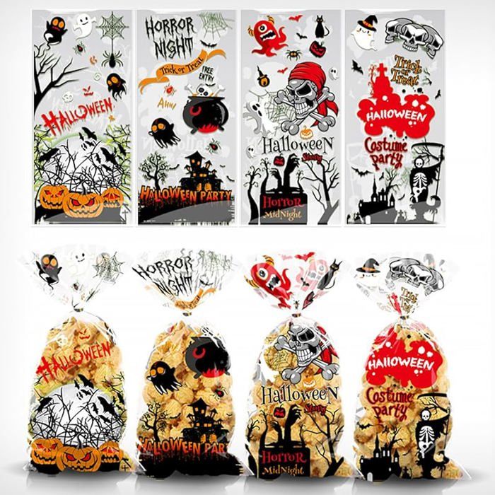 100 Sacs Bonbons Halloween 14x23 Cm - 6 Motifs Différents, OPP Résistant, Avec Oreilles Lapin, Pour Fête école
