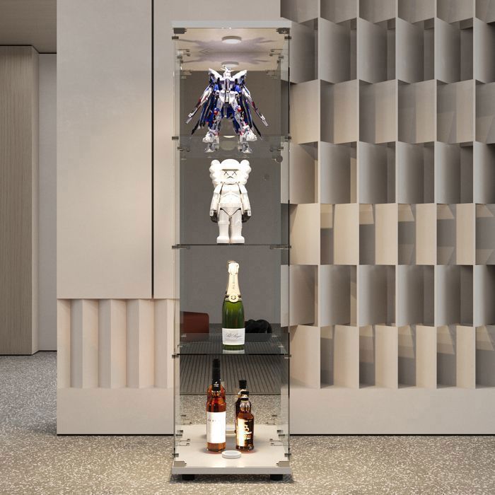 Vitrine en Verre - Vitrine avec Lumières LED et miroir - ADWOLT - 4 étagères et 1 porte - Verre Trempé - 42.5×36.5x164cm - Blanc
