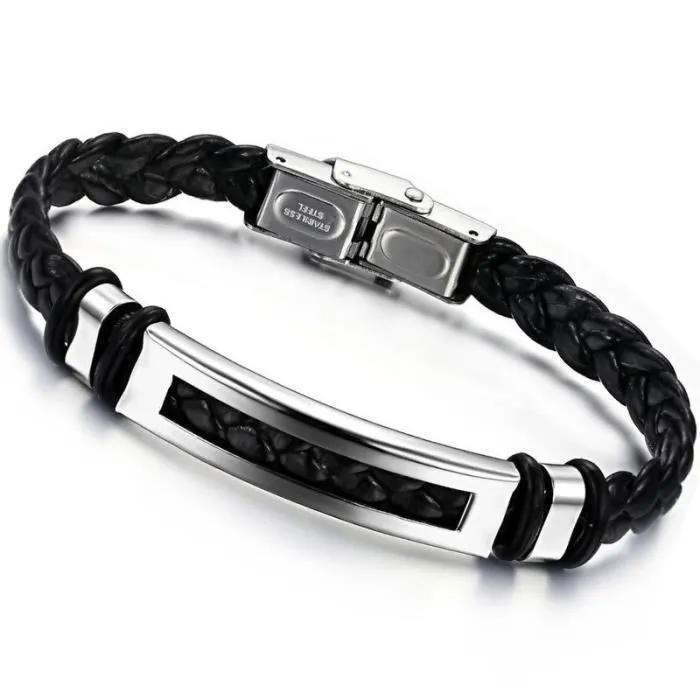 Bracelet montre connecté cuir et acier inoxydable 20 cm 10 mm noir Bracelet montre connecté cuir et acier inoxydable 20 cm 10 mm noir