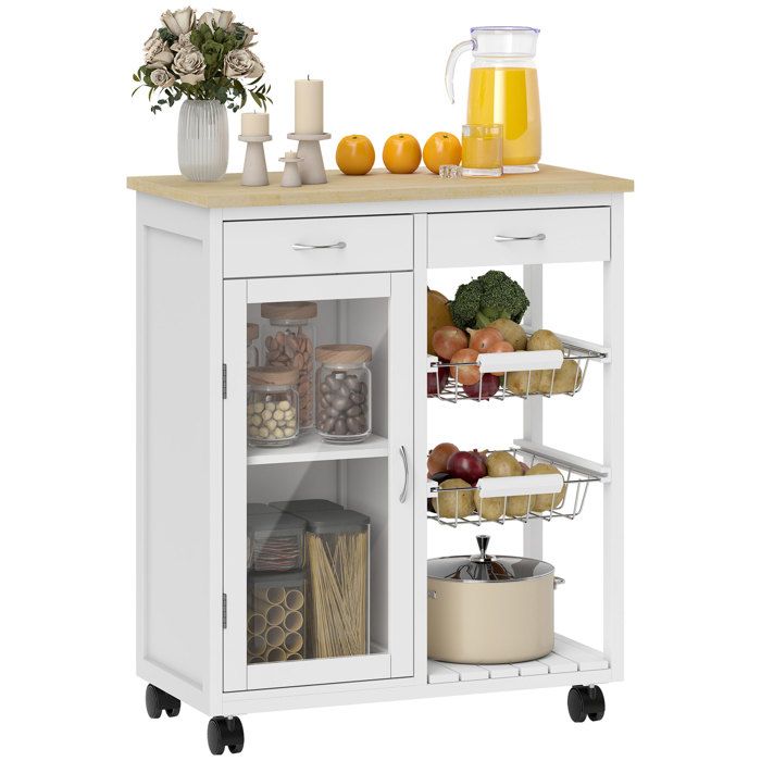 Desserte de cuisine - HOMCOM - sur roulettes - plateau en bambou porte vitrée 2 paniers et 2 tiroirs - MDF - 67x35x80cm - blanc Desserte de cuisine - HOMCOM - sur roulettes - plateau en bambou porte vitrée 2 paniers et 2 tiroirs - MDF - 67x35x80cm - blanc
