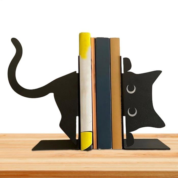 Serre-Livres Décoratifs en Métal Chat Noir - Paire pour Livres Lourds Décoration Étagère Créative et Unique