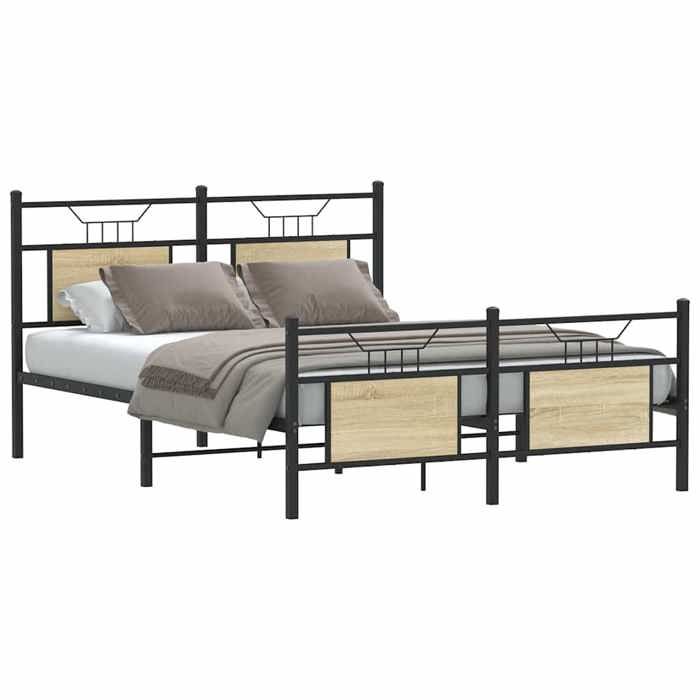 Structure de lit chêne sonoma - UU - 140x190 cm - Bois dingénierie et acier - Avec tête de lit et pied de lit