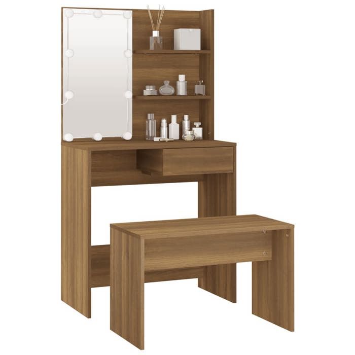 Moderne Ensemble de coiffeuse - JILLS - Meuble de chambre - avec LED - Chêne marron - Bois dingénierie - 74.5x40x141 cm CCC246