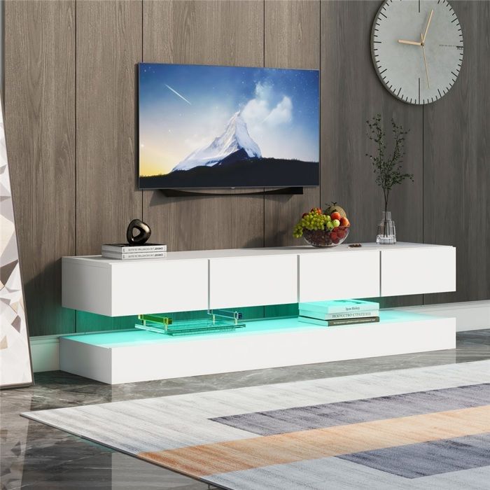 Meuble TV LED Blanc 130 x 33 x 15 cm avec 2 Armoires 4 Tiroirs et Éclairage RGB 16 Couleurs pour Téléviseur jusqu’à 55 Pouces Meuble TV LED Blanc 130 x 33 x 15 cm avec 2 Armoires 4 Tiroirs et Éclairage RGB 16 Couleurs pour Téléviseur jusqu’à 55 Pouces