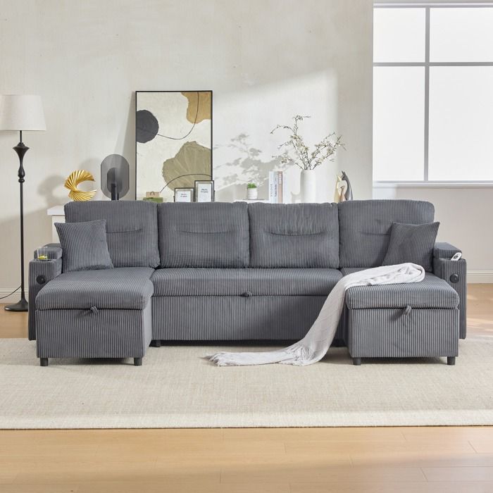 Canapé dangle convertible 4 places chaise longue espaces de rangement porte-gobelets ports USB et un lit gigogne Gris carbone