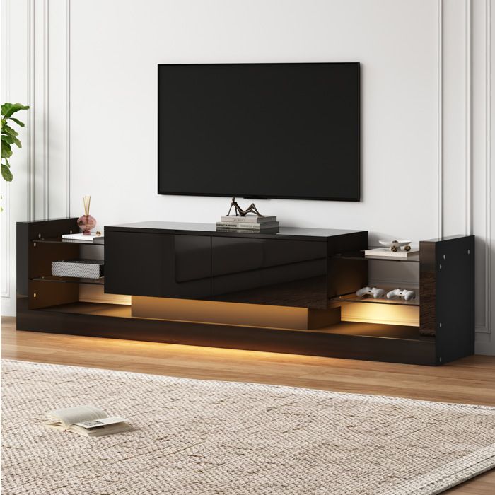 MEUBLIV Meuble TV haut avec éclairage LED et 2 tiroirs rabattables 181x38x38 cm bois noir