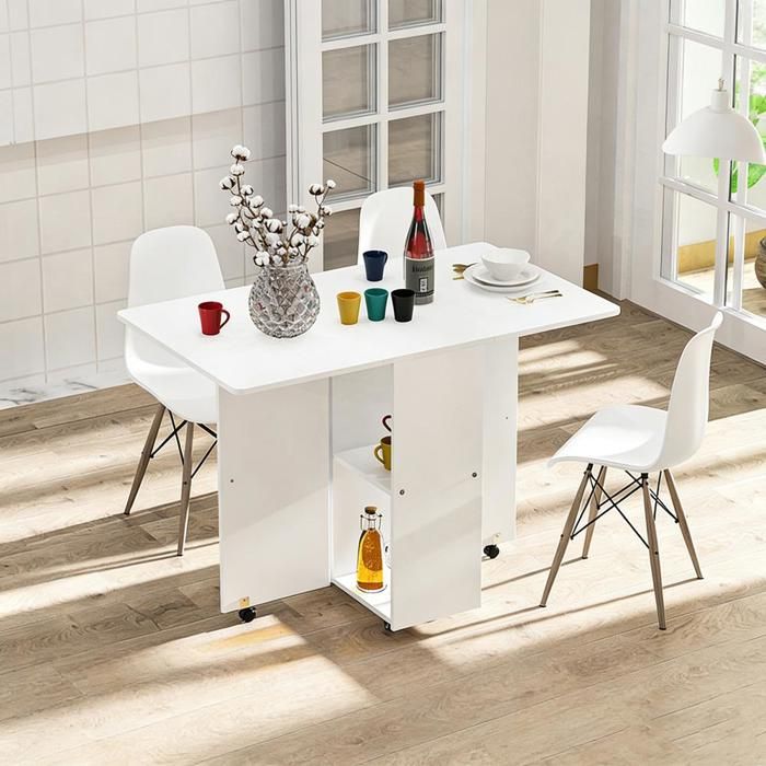 SUPFINE Table à Manger Pliante sur Roulettes Table de Cuisine pour 4 Personnes avec 2 Abattants et étagères pour Petits Espaces