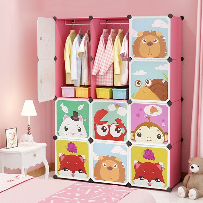 KEDIA Armoire en plastique de dessin animé Rose 4 couches 12 portes 2 tiges de suspension 111*37*147cm sûr et non toxique