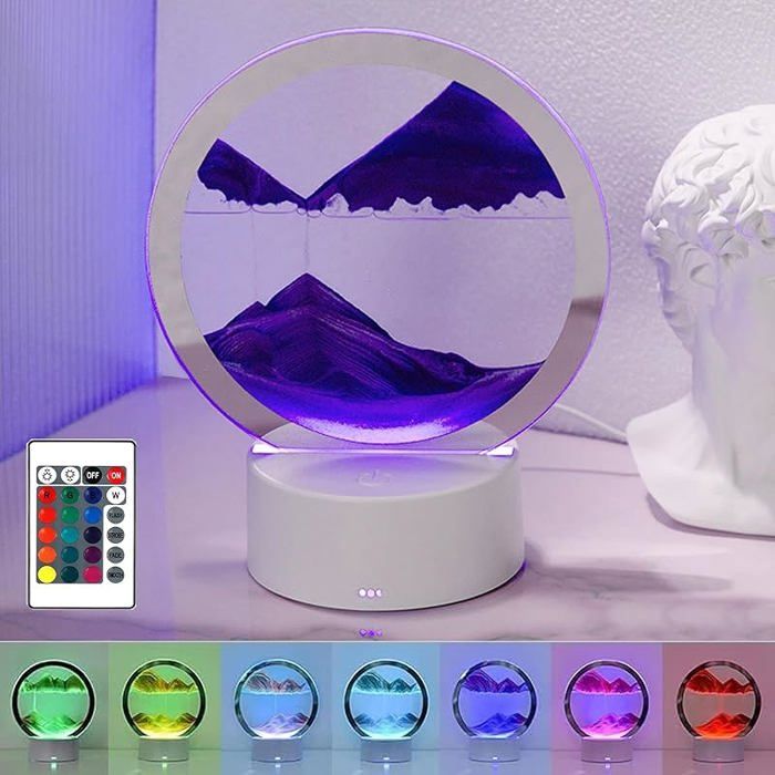 Lampe de Sable 3D Sablier Décoratif à Changement de Couleur RVB Image Dynamique Rotative à 360° Peinture Qui Coule pour Violet