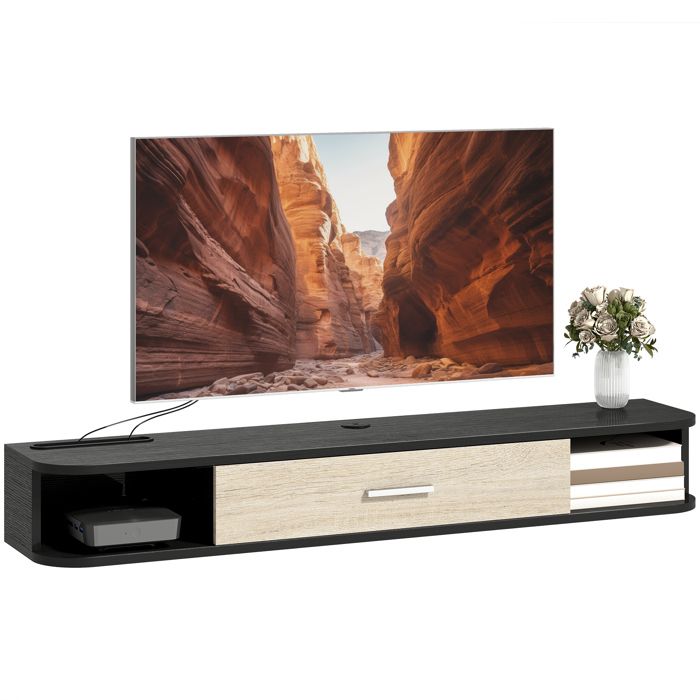 Meuble TV Suspendu - HOMCOM - Jusquà 50 Pouces - Porte Rabattable 2 Étagères Ouvertes et Passe-câbles - Bois - 120x26x16cm - Noir