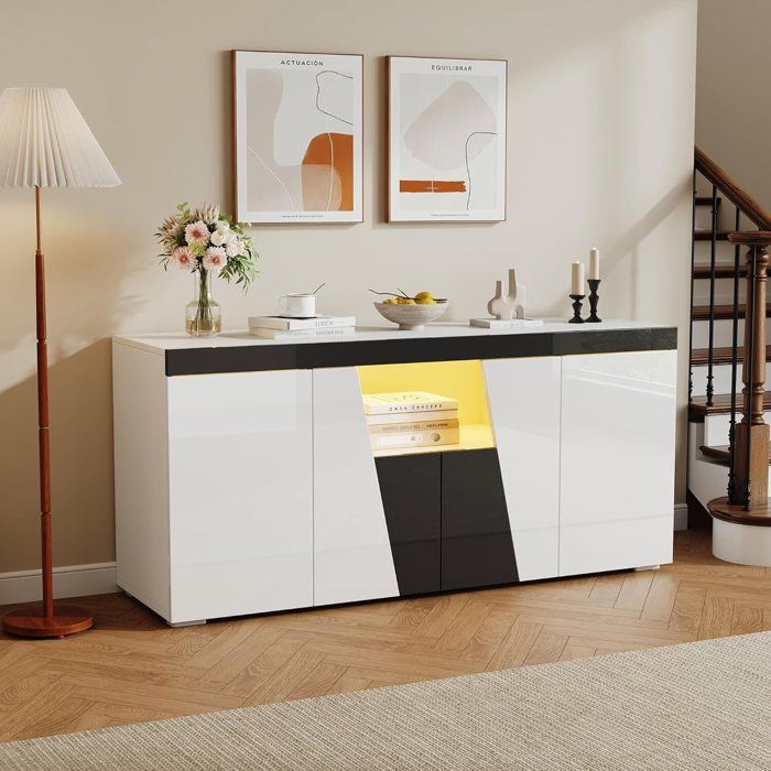 Buffet Salon avec Eclairage LED Haute Brillance 4 Portes Armoire de Salle à Manger Moderne Blanc 140x40x65cm
