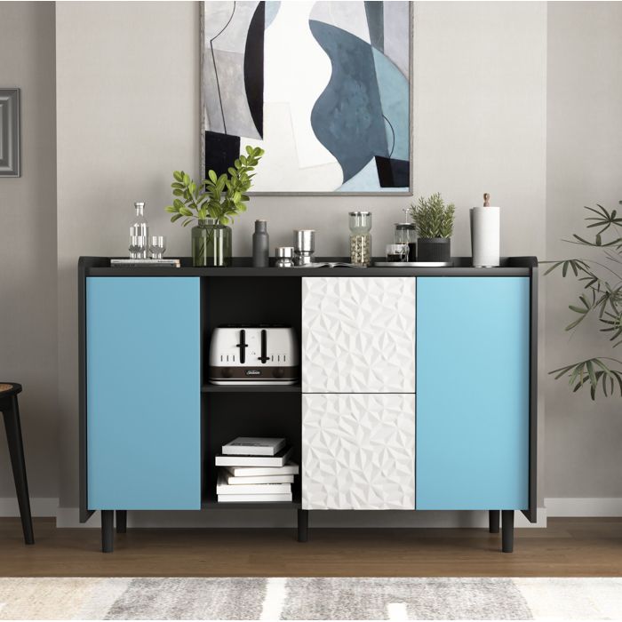 Buffet de cuisine meuble de rangement de salon avec rangement ouvert  2 portes 2 tiroirs  MDF 120×40×80cm bleu