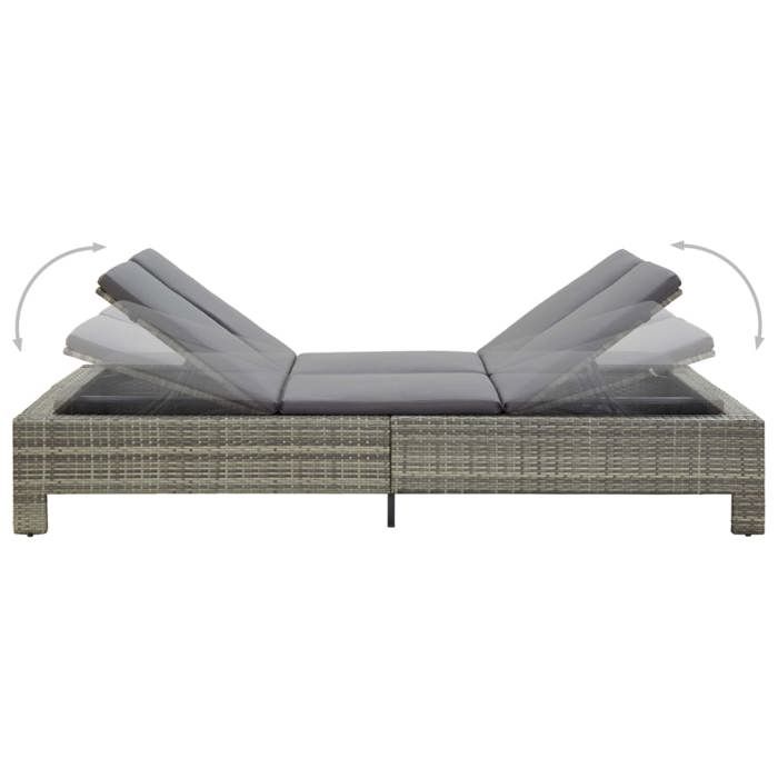 （SOLDES Dété）Transat à 2 places 2-personne SHIELD Fauteuil long de piscine arrière-cour avec coussin Gris Résine tressée 220x130x