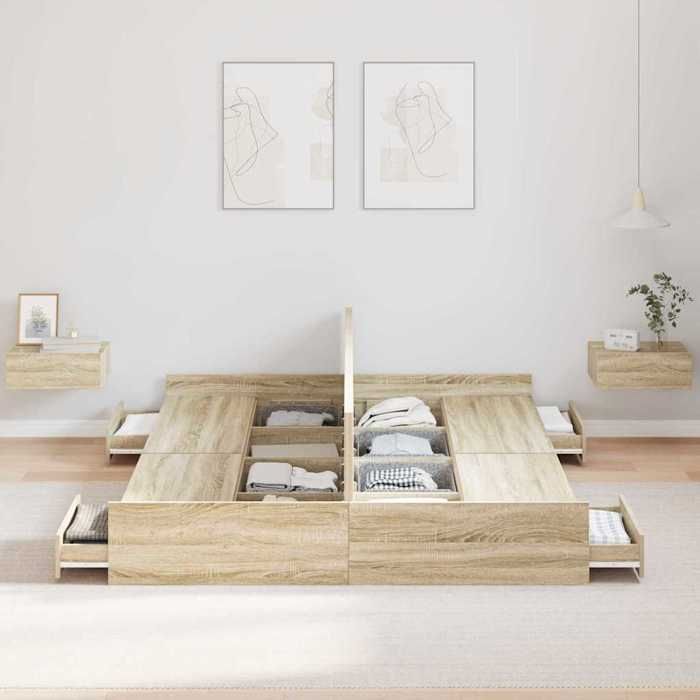 Magnifique Cadre de lit(1 PCS) avec tête de lit - SARAZYJ - Meuble de chambre - 2 Personnes - avec rangement Chêne Sonoma 140 x 190c