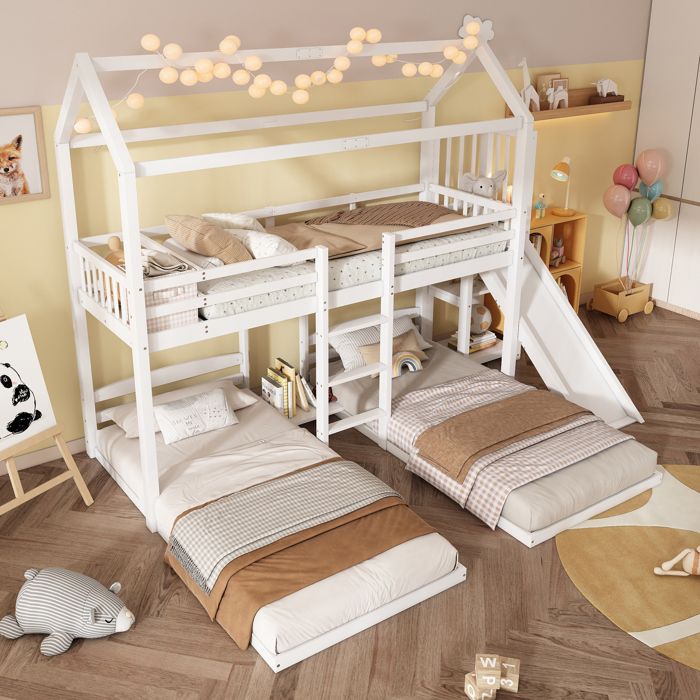 Lit superposé enfant 3 places 90×200 cm avec toboggan échelle et rangement - YEAVIO - sans matelas bois - blanc
