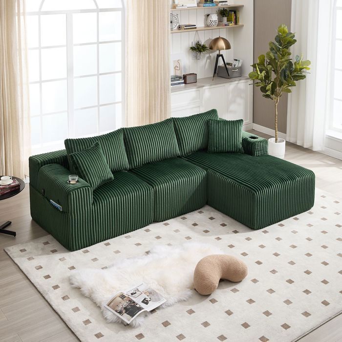 Canapé dangle - SOGEU - Modulable - 257x160 cm Méridienne - Velours côtelé vert - Porte-gobelets & poches latérales