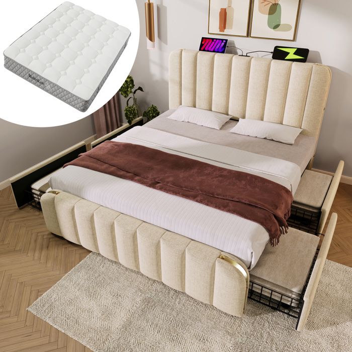 Lit 140 × 200 cm en lin beige avec 4 tiroirs USB/Type-C et matelas H3