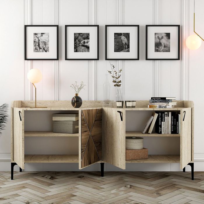 Buffet Roatto Dmora en Bois Nobilité Beige Marbre 180x35x78h cm Buffet Roatto Dmora en Bois Nobilité Beige Marbre 180x35x78h cm