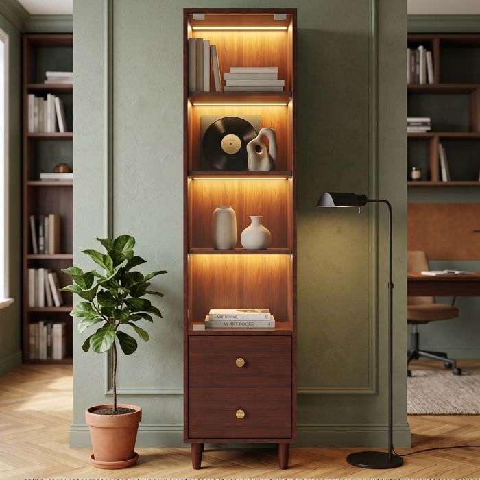 Vitrine LED 40x35x165 cm avec porte vitrée 2 tiroirs bibliothèque poignées dorées style rétro marron