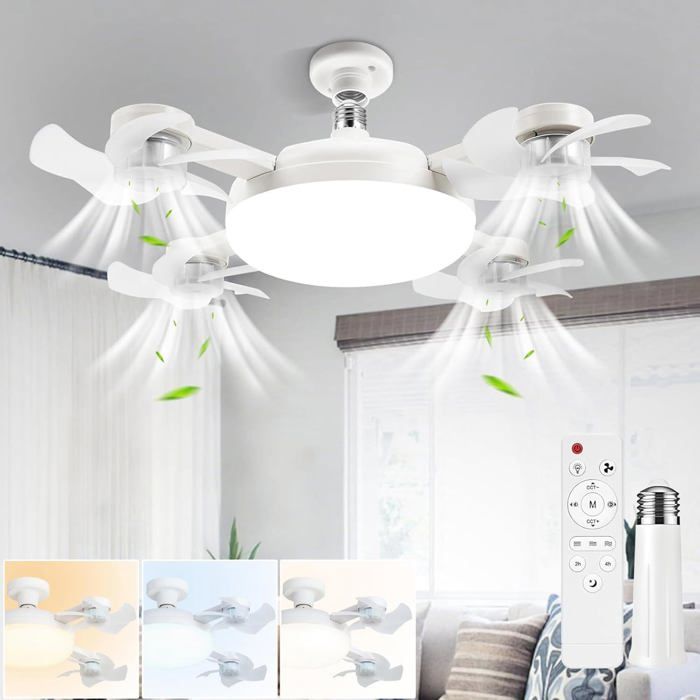 Ventilateur Plafond LED avec Lumiere 4 Fan têtes Lampe Ventilateur Plafonnier Dimmable avec Telecommande 3 Vitesses Douille E27