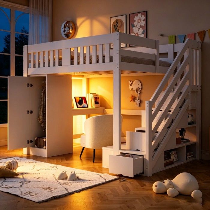 Lit Mezzanine Bois Blanc 140x200cm Enfant Escalier Rangement Bureau Prise EU LED Multicolore Armoire Barrière Haute Sans Matelas Lit Mezzanine Bois Blanc 140x200cm Enfant Escalier Rangement Bureau Prise EU LED Multicolore Armoire Barrière Haute Sans Matelas