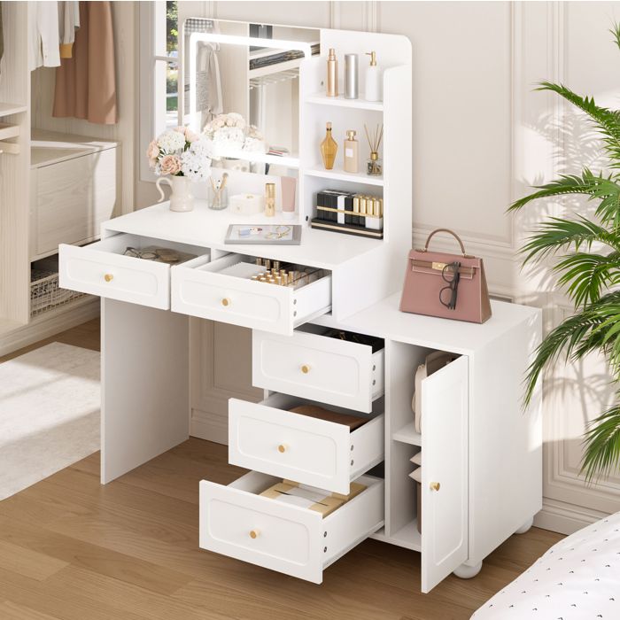 HOMVRA Coiffeuse 80x39.8x127 cm avec Miroir HD et Trois Modes dÉclairage en Bambou et MDF Blanc