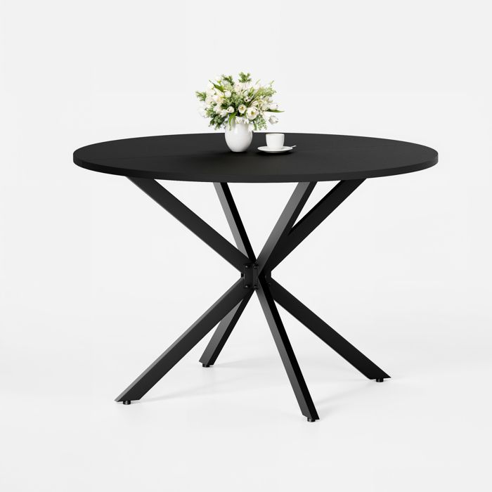 Table ronde noire 120 cm avec pieds X en métal plateau en panneaux de particules style industriel