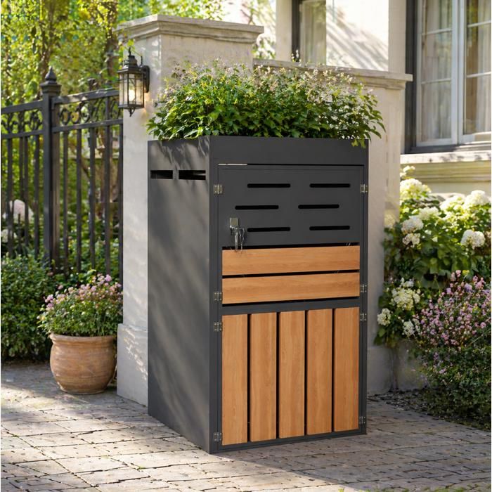 Armoire dextérieur 2-en-1 avec bac à plantes intégré 66 x 80 x 128 cm en métal gris cache-poubelle sans poubelle