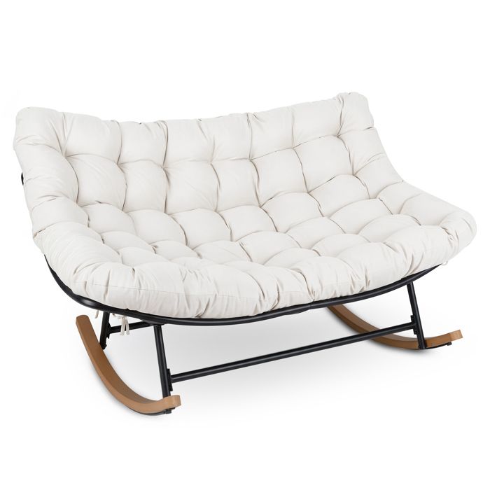 Chaise à Bascule de Jardin COSTWAY pour 2 Personnes Coussin Beige Rembourré Amovible Charge 320 kg pour Intérieur Extérieur