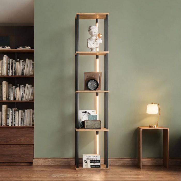 Vitrine Argentier Vaisselier - Étagère lumineuse colonne 165 cm en MDF noir et naturel 4 niches 26 x 26 cm éclairage LED