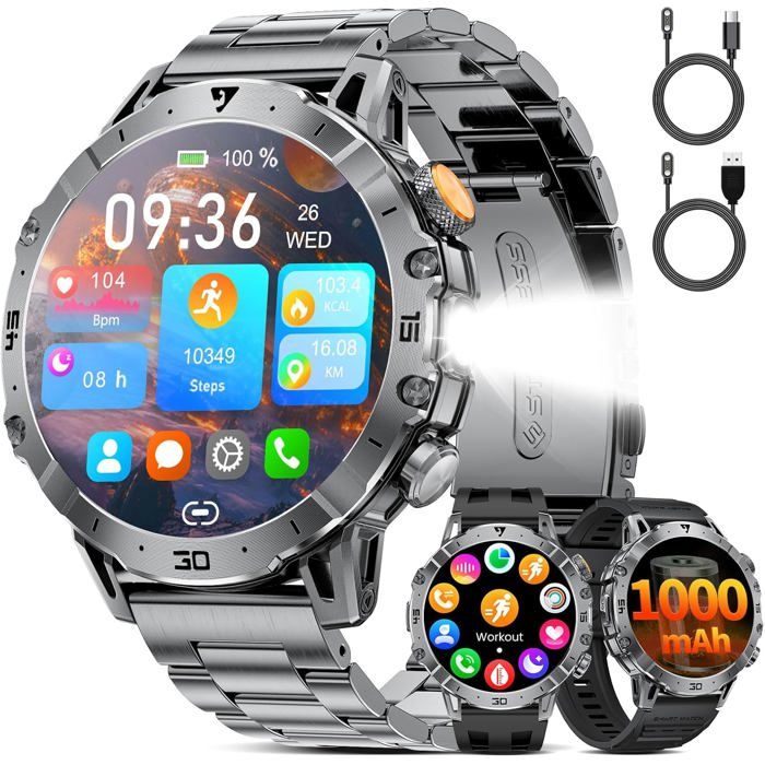 Montre Connectée Homme 1000 Mah Grande Batterie 1 7″ Hd Bluetooth Appels Smartwatch Homme Pour Ios An Oid Lampe Led Surveill[WW261]