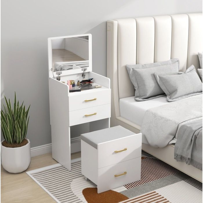 Coiffeuse 3-en-1 avec miroir rabattable et 2 tiroirs - BEAUNIV - tabouret à roulettes - en bois - blanc - 48 × 40 × 90 cm