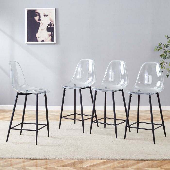 MEUBLIV Lot de 4 tabourets de bar transparents structure en metal noir repose-pieds hauteur dassise 65 cm