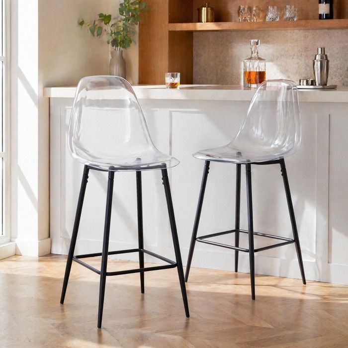 MEUBLIV Tabourets de bar lot de 2 assise transparente structure en métal noir avec repose-pieds 45 x 51 x 102 cm