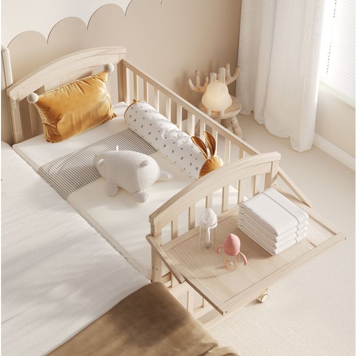 Lit Combiné Bébé 60 × 120 cm Évolutif Table à Langer et Roulettes - YEAVIO - Sans Matelas Bois Naturel
