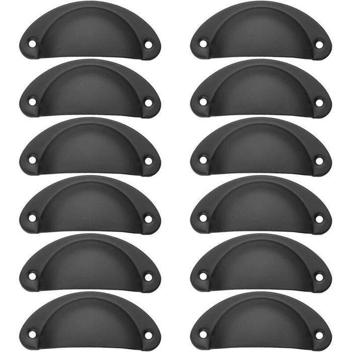 12pcs Poignées coquille vintage - Fer incurvé design Vis incluses - Tiroirs et armoires cuisine - Noir 8.2 x 3.5 cm