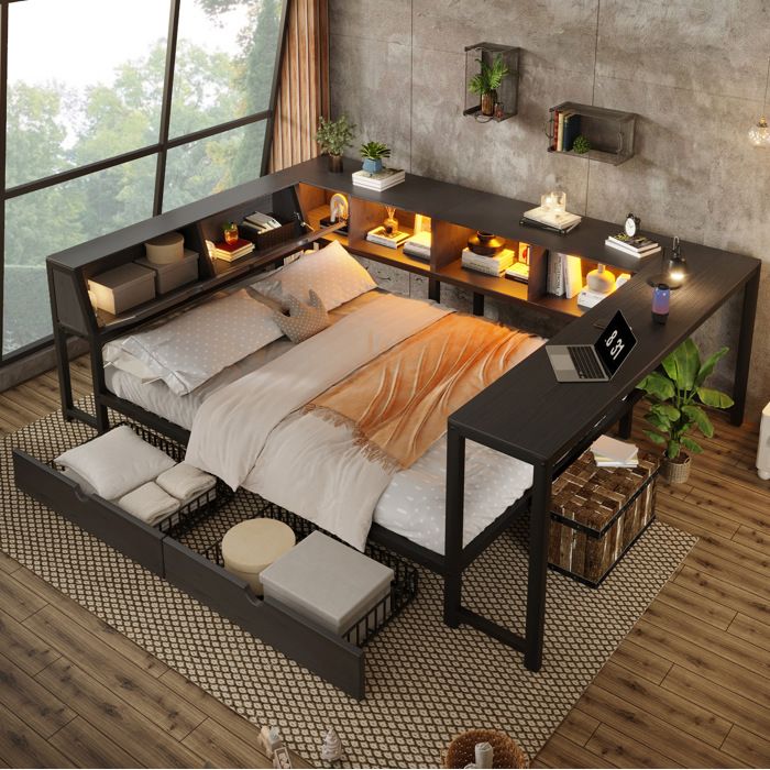 Lit Combiné Double 140×200 cm Bureau LED et 2 Tiroirs - BEAUNIV - sans matelas métal et MDF - noir