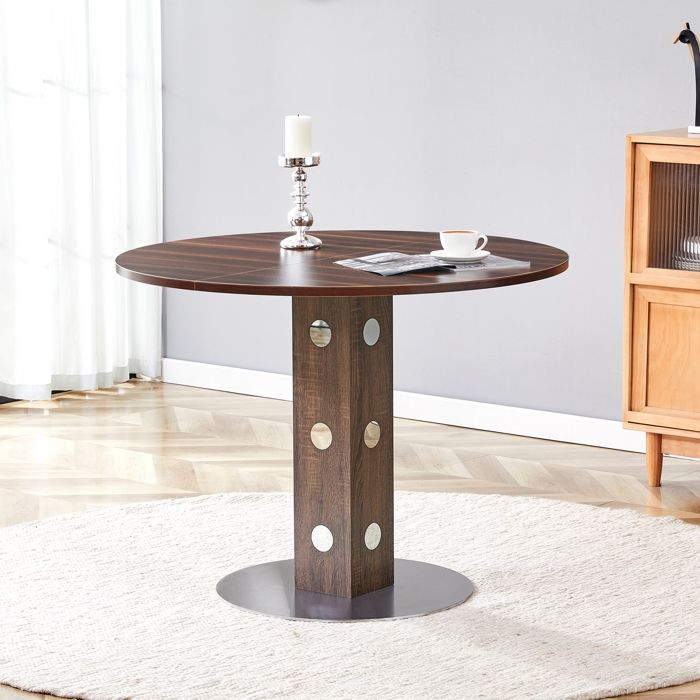 Petite table de salle à manger ronde de 100 cm pour 2 à 4 personnes-grain de noyer et base en métal-moderne du milieu du siècle