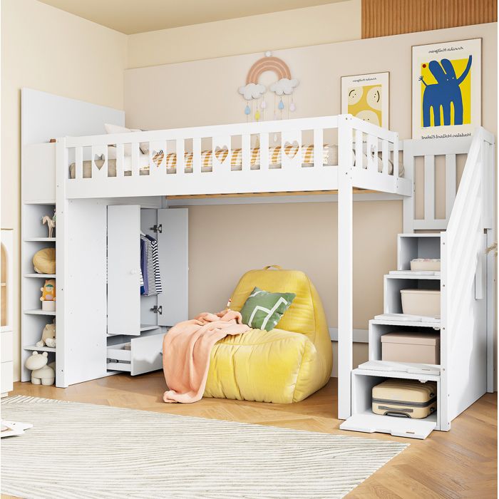 Lit mezzanine 1 place 90x200 cm - blanc - pin et MDF - echelle de rangement bibliotheque placard et tiroir