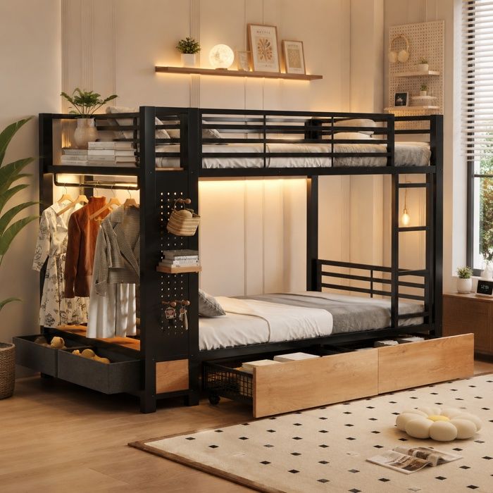 Lit superposé Métal 90 x 200 cm avec éclairage LED 4 tiroirs étagères panneau perforé penderie Rangement certifié EN747 Noir