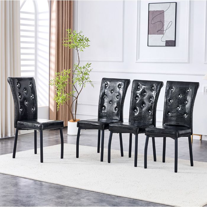 Chaise de salle à manger lot de 4 dossier capitonné avec boutons cristal - BEAUNIV - pieds métal simili cuir noir