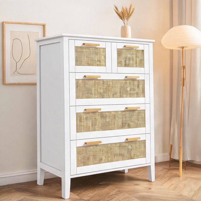 Commode 5 tiroirs MDF 77x37x104 cm panneaux rotin naturel poignées bois massif