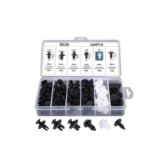 Lot de 100 rivets de fixation pour garde-boue de voiture - 6 tailles - En nylon - Pour pare-chocs et jupes latérales