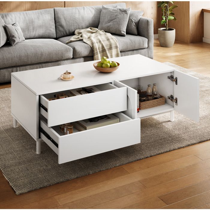 MEULVA Table basse rectangulaire blanche avec 2 tiroirs et 2 portes rangement panneaux de particules et MDF