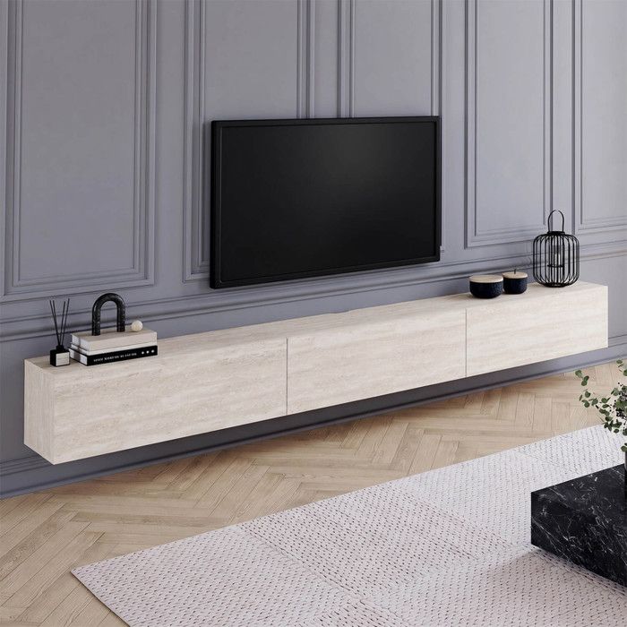 Meuble TV 270 cm suspendu ELIO 3 portes bois effet travertin