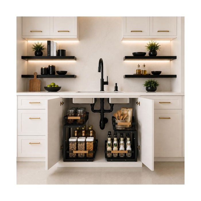 Lot de 2 Rangement sous Évier Coulissant 2 ux Réglable 35-43cm — ganisateur Métal Noir Anti-Rouille Plateau 30c DESSERTE DE CUISINE